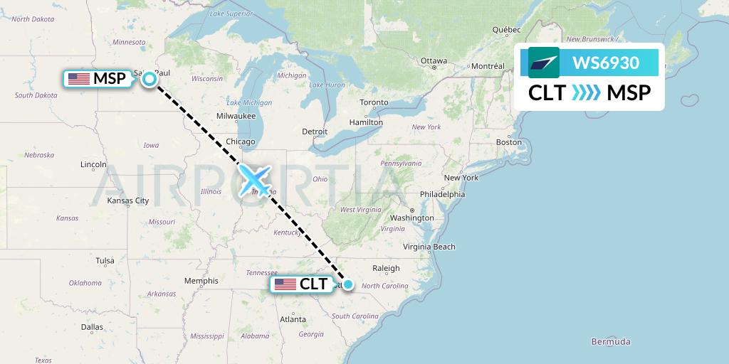 WS6930 WestJet Flight Map: Charlotte to Minneapolis