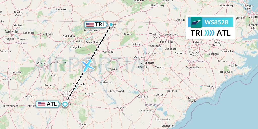 WS8528 WestJet Flight Map: Blountville to Atlanta