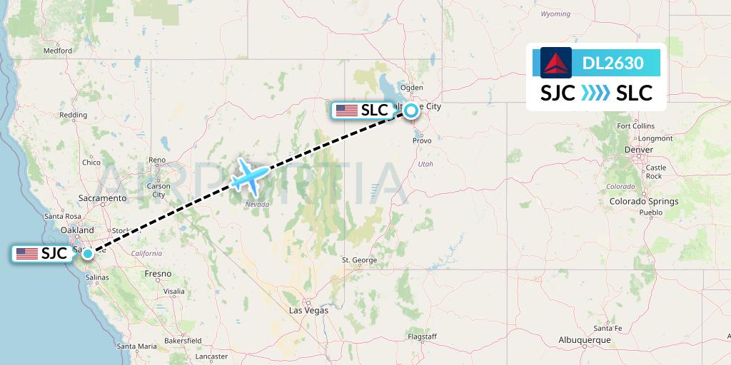 DL2630 Delta Air Lines Flight Map: San Jose to Salt Lake City