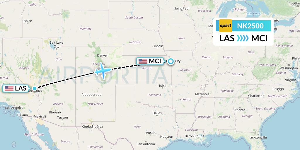 NK2500 Spirit Airlines Flight Map: Las Vegas to Kansas City