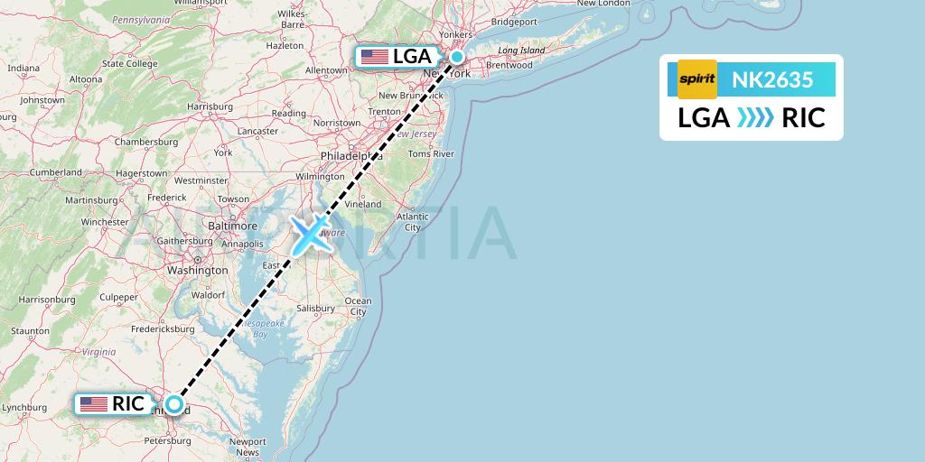 NK2635 Spirit Airlines Flight Map: New York to Richmond