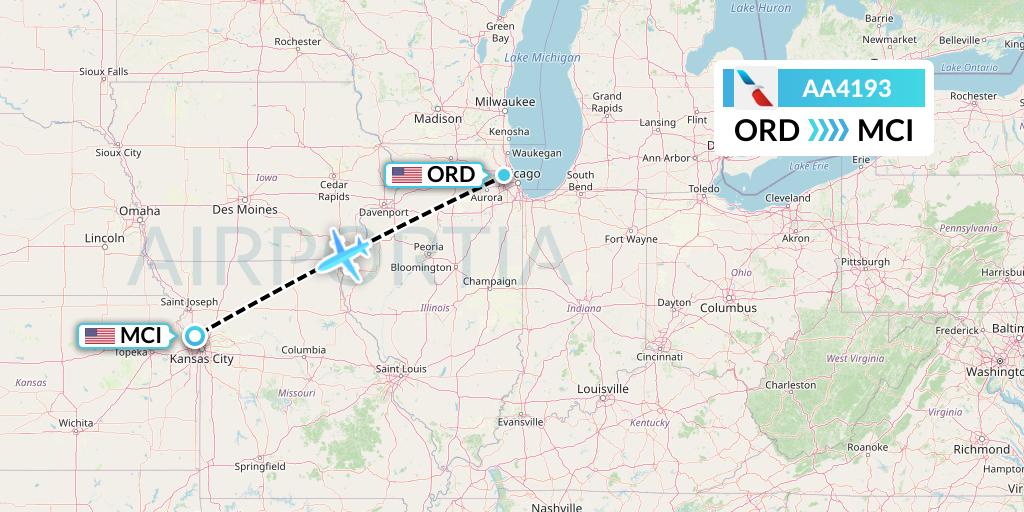 AA4193 American Airlines Flight Map: Chicago to Kansas City