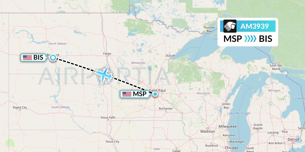 AM3939 Aeromexico Flight Map: Minneapolis to Bismarck