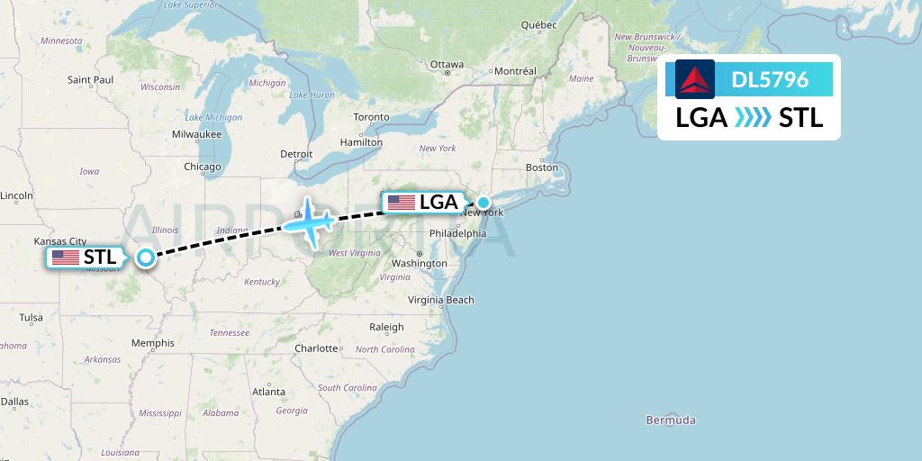 DL5796 Delta Air Lines Flight Map: New York to St. Louis