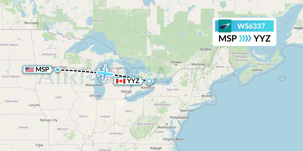 WS6337 WestJet Flight Map: Minneapolis to Toronto