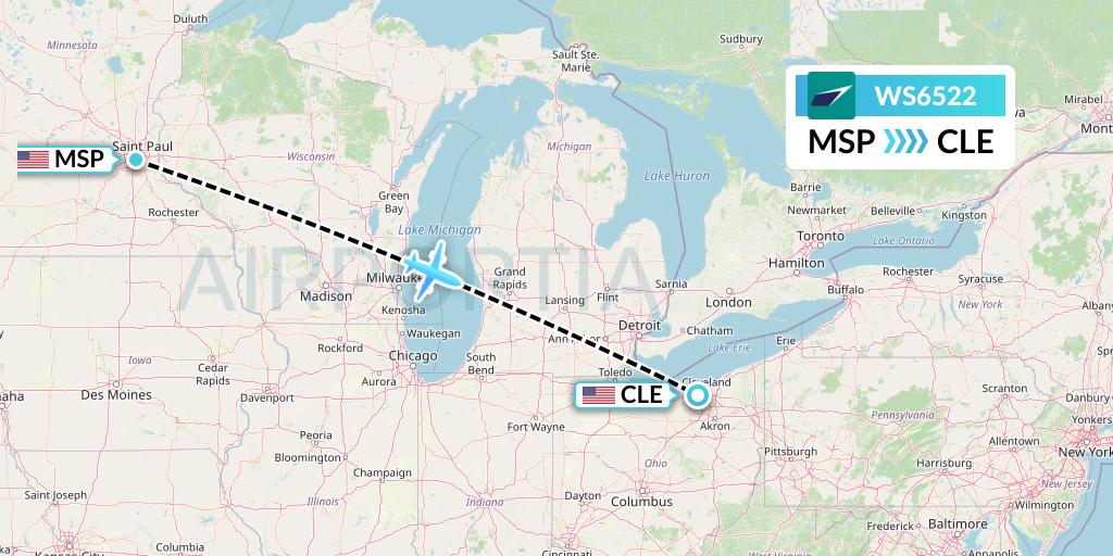 WS6522 WestJet Flight Map: Minneapolis to Cleveland