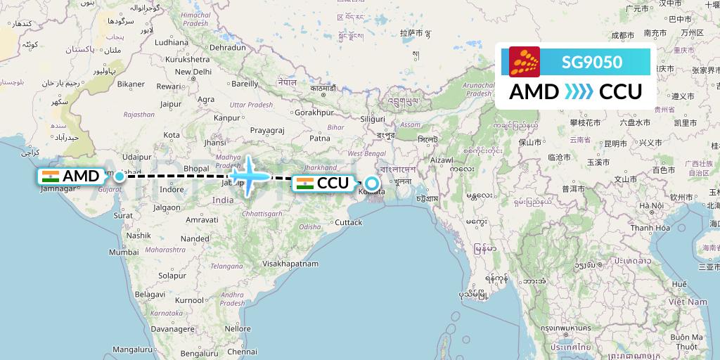 SG9050 SpiceJet Flight Map: Ahmedabad to Kolkata