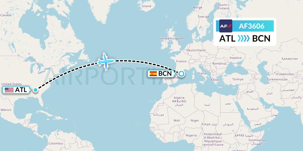 AF3606 Air France Flight Map: Atlanta to Barcelona