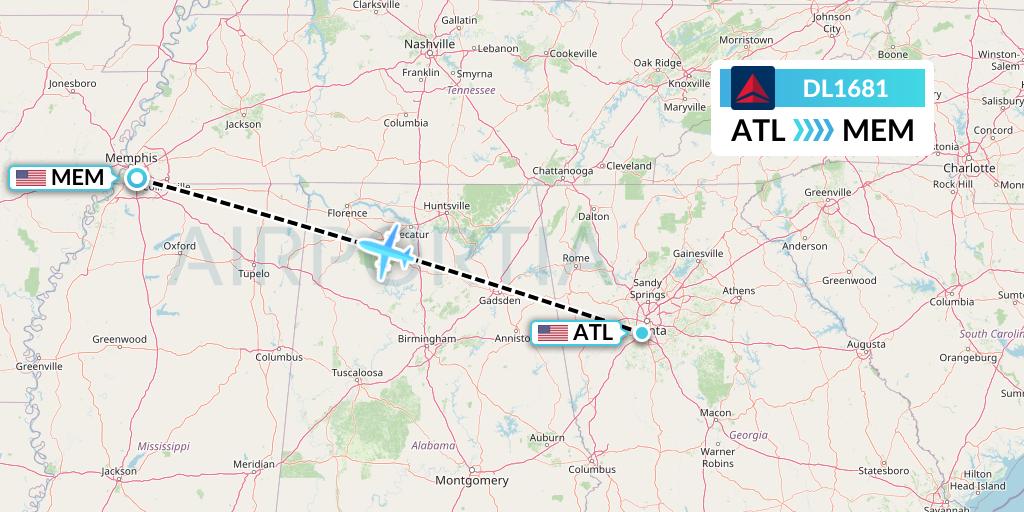 DL1681 Delta Air Lines Flight Map: Atlanta to Memphis