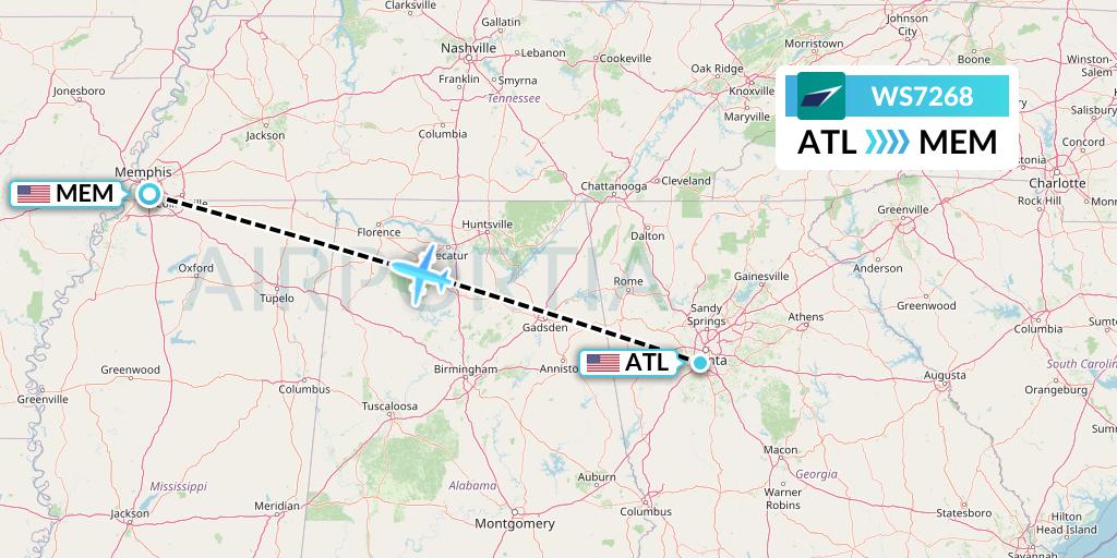 WS7268 WestJet Flight Map: Atlanta to Memphis