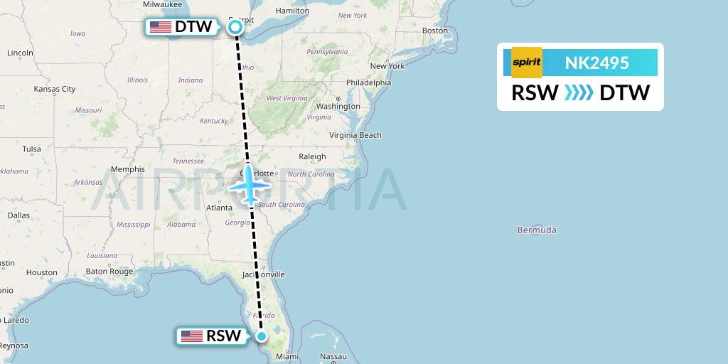 NK2495 Spirit Airlines Flight Map: Fort Myers to Detroit