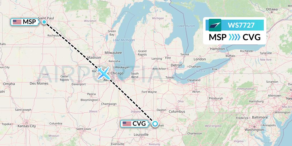 WS7727 WestJet Flight Map: Minneapolis to Cincinnati