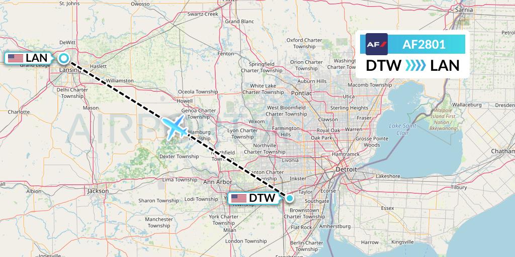 AF2801 Air France Flight Map: Detroit to Lansing
