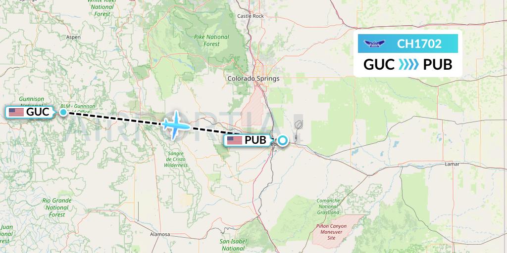 CH1702 Bemidji Airlines Flight Map: Gunnison to Pueblo