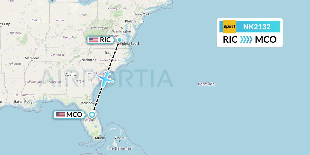 NK2132 Spirit Airlines Flight Map: Richmond to Orlando