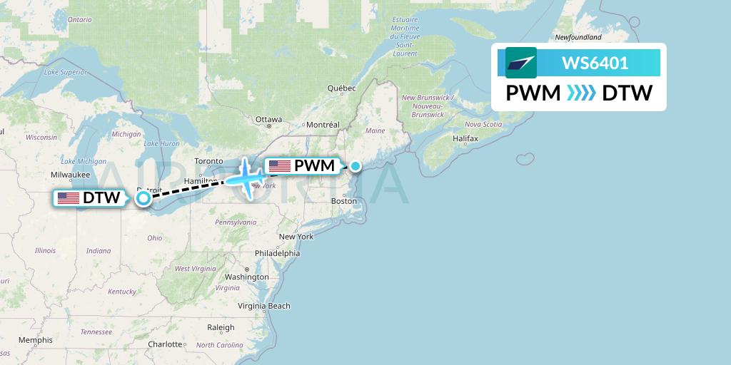 WS6401 WestJet Flight Map: Portland to Detroit