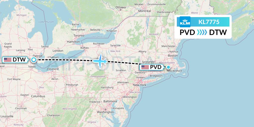 KL7775 KLM Flight Map: Providence to Detroit