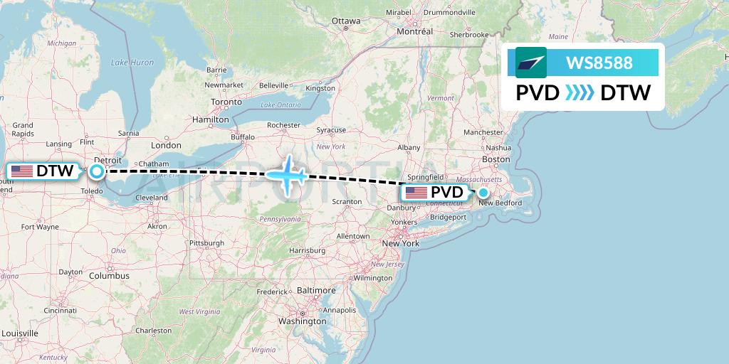 WS8588 WestJet Flight Map: Providence to Detroit