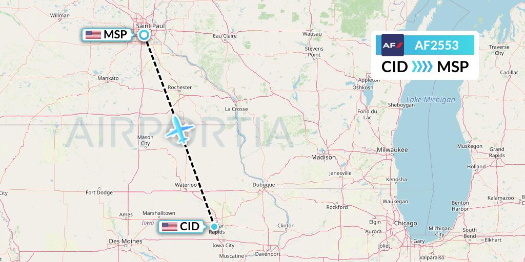 AF2553 Air France Flight Map: Cedar Rapids to Minneapolis