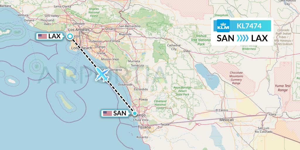 KL7474 KLM Flight Map: San Diego to Los Angeles