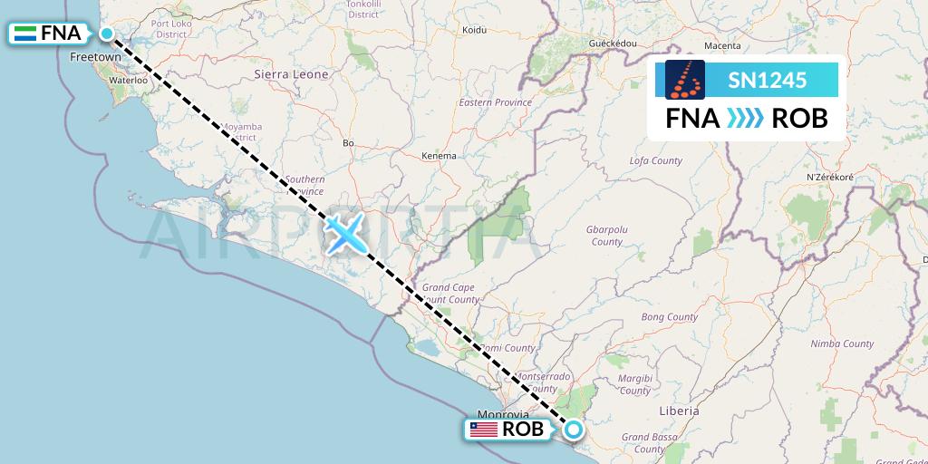 SN1245 Brussels Airlines Flight Map: Freetown to Monrovia