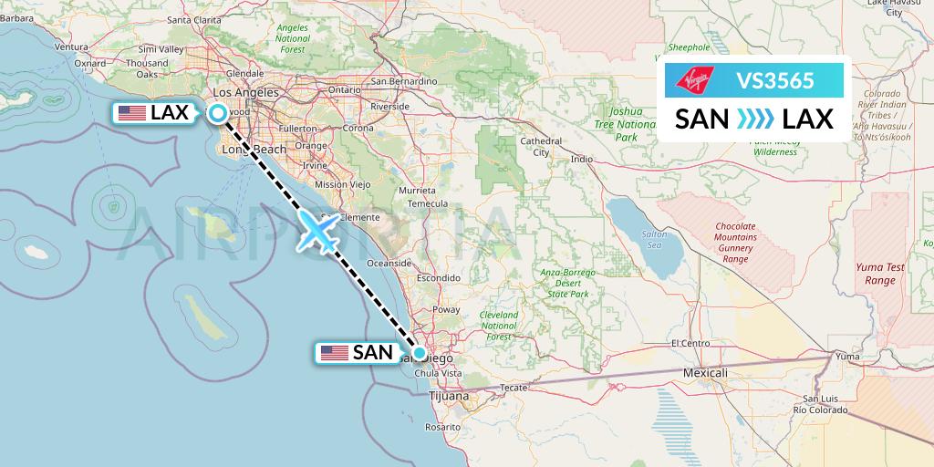 VS3565 Virgin Atlantic Airways Flight Map: San Diego to Los Angeles
