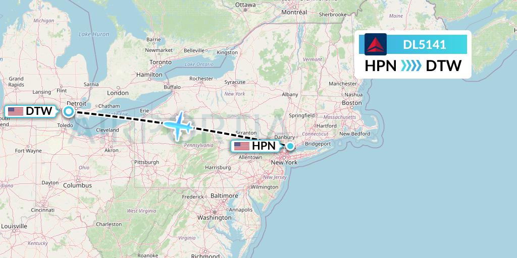 DL5141 Delta Air Lines Flight Map: White Plains to Detroit