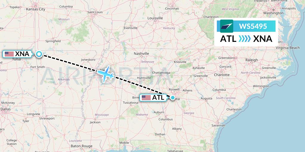 WS5495 WestJet Flight Map: Atlanta to Bentonville