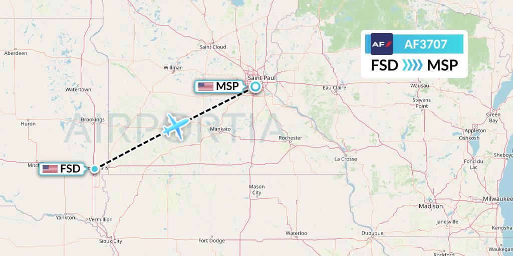 AF3707 Air France Flight Map: Sioux Falls to Minneapolis