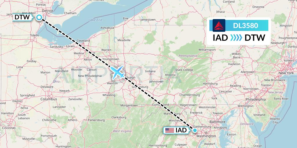 DL3580 Delta Air Lines Flight Map: Washington to Detroit