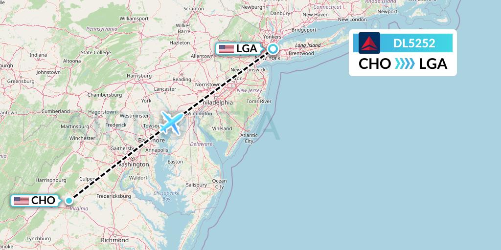 DL5252 Delta Air Lines Flight Map: Charlottesville to New York