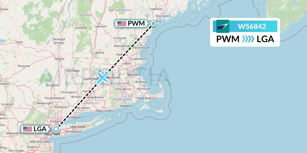WS6842 WestJet Flight Map: Portland to New York