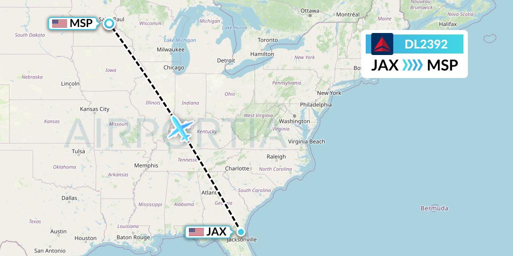 DL2392 Delta Air Lines Flight Map: Jacksonville to Minneapolis