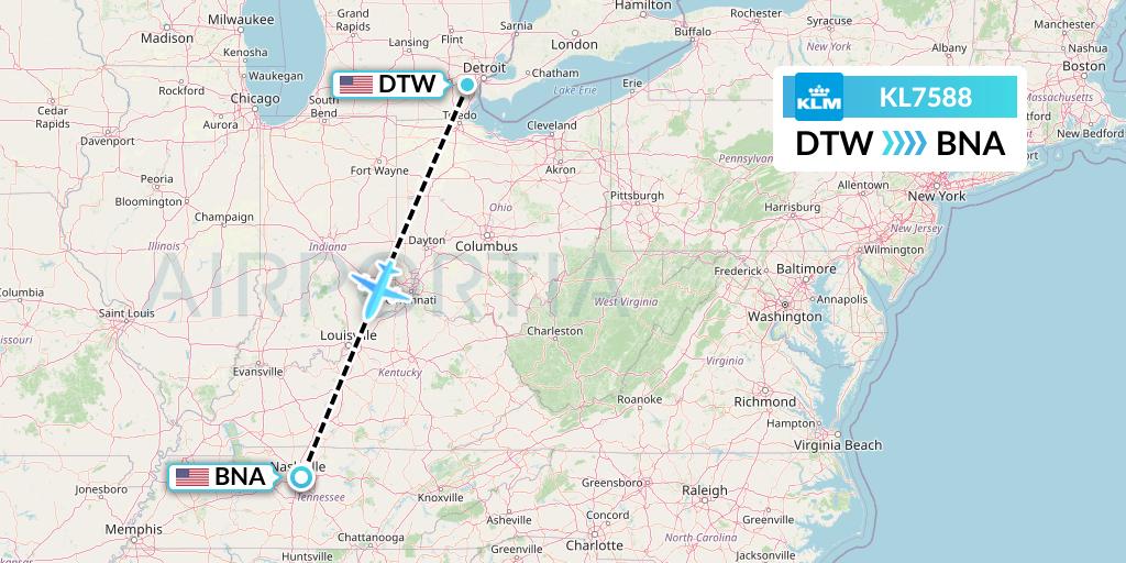 KL7588 KLM Flight Map: Detroit to Nashville