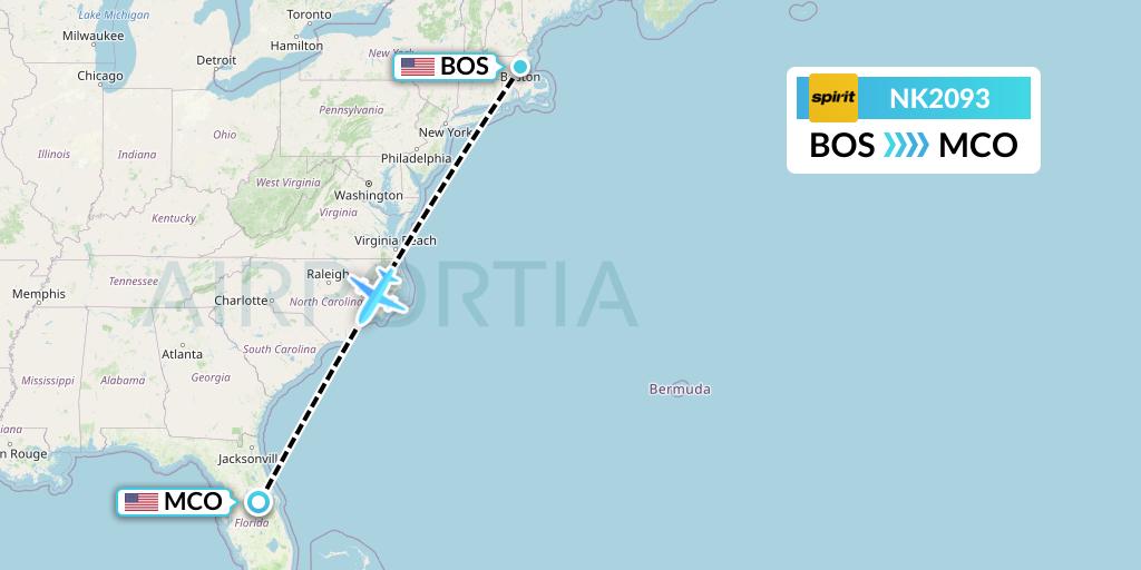 NK2093 Spirit Airlines Flight Map: Boston to Orlando