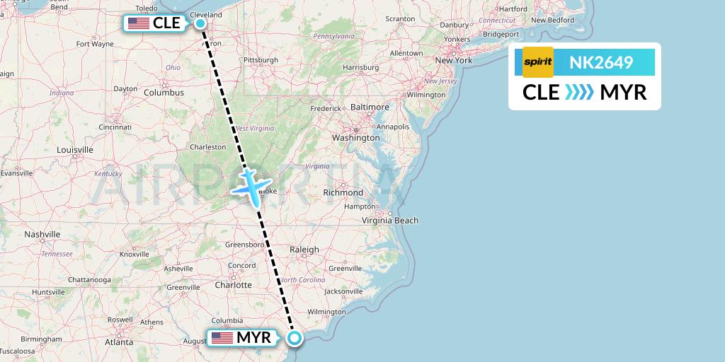 NK2649 Spirit Airlines Flight Map: Cleveland to Myrtle Beach