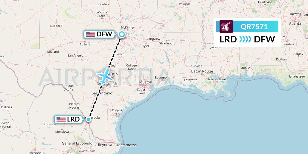 QR7571 Qatar Airways Flight Map: Laredo to Dallas