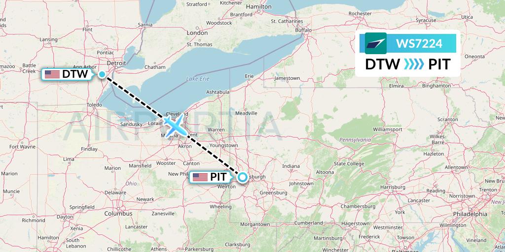 WS7224 WestJet Flight Map: Detroit to Pittsburgh