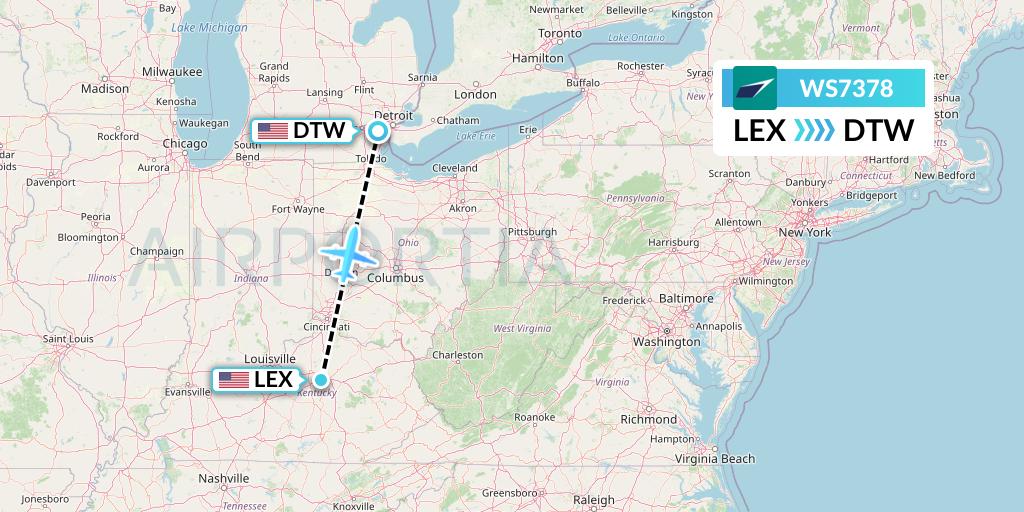 WS7378 WestJet Flight Map: Lexington to Detroit