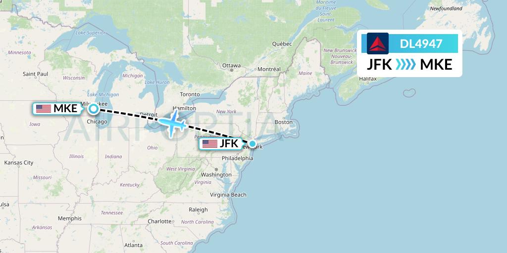 DL4947 Delta Air Lines Flight Map: New York to Milwaukee