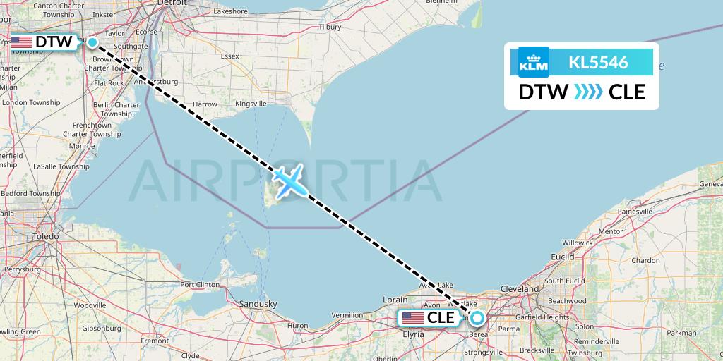 KL5546 KLM Flight Map: Detroit to Cleveland