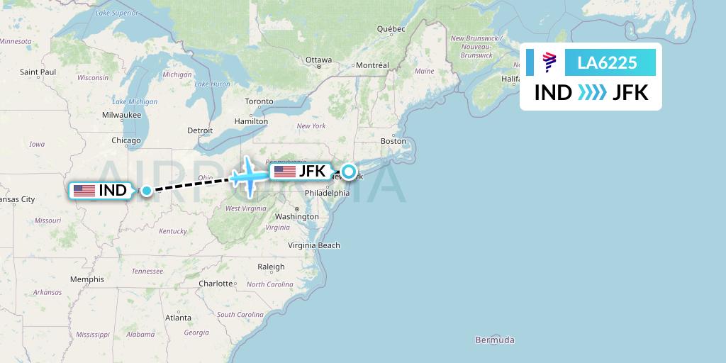 LA6225 LAN Airlines Flight Map: Indianapolis to New York