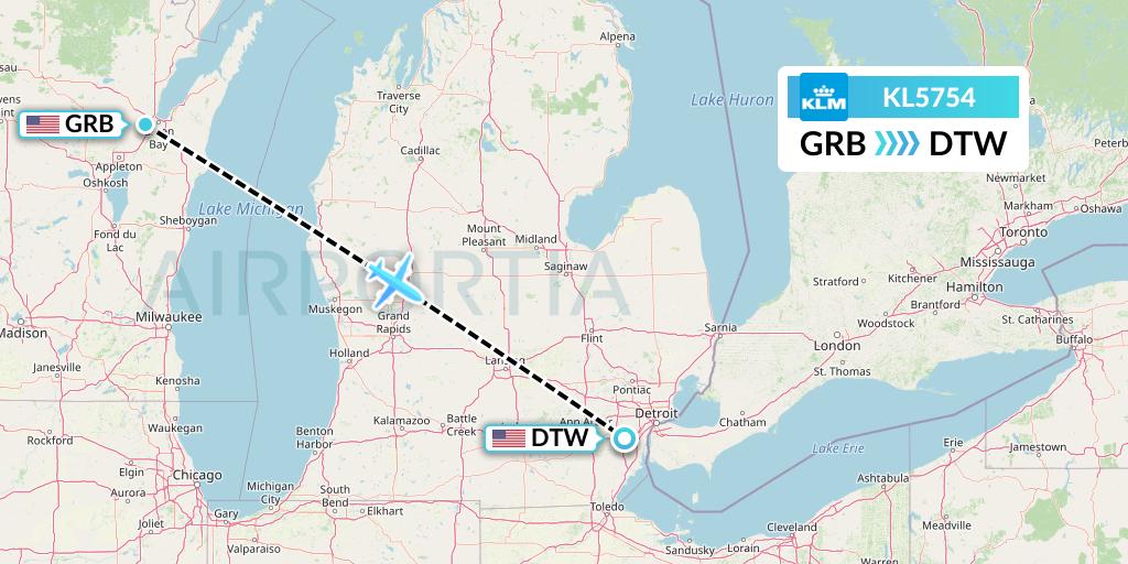 KL5754 KLM Flight Map: Green Bay to Detroit