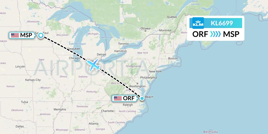 KL6699 KLM Flight Map: Norfolk to Minneapolis