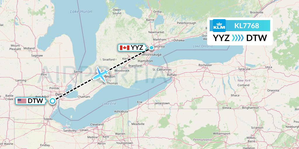 KL7768 KLM Flight Map: Toronto to Detroit
