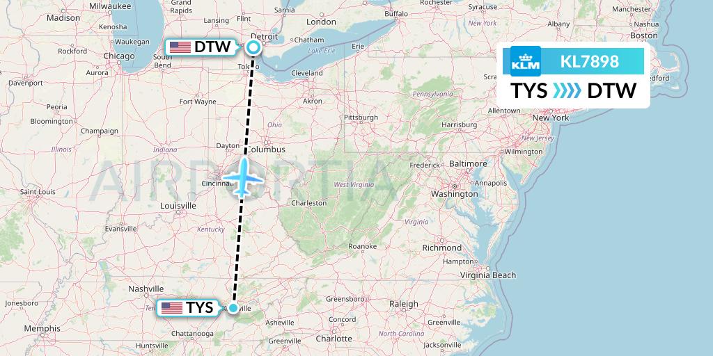 KL7898 KLM Flight Map: Knoxville to Detroit