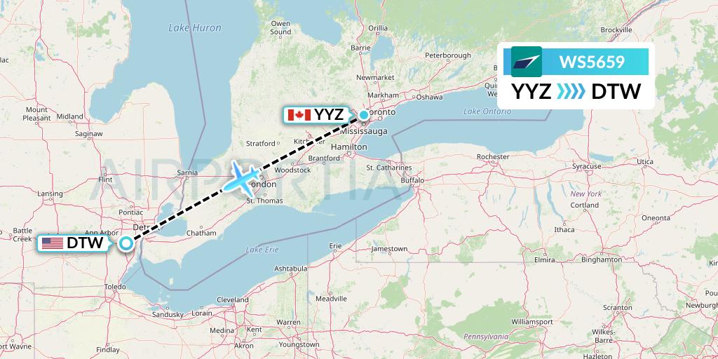WS5659 WestJet Flight Map: Toronto to Detroit