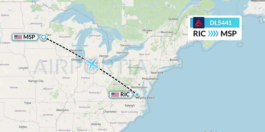 DL5441 Delta Air Lines Flight Map: Richmond to Minneapolis