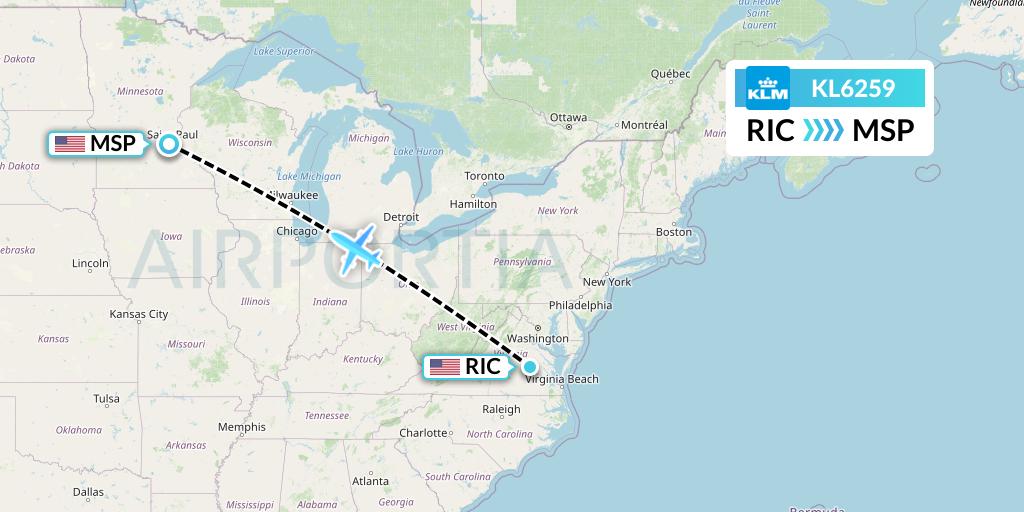 KL6259 KLM Flight Map: Richmond to Minneapolis