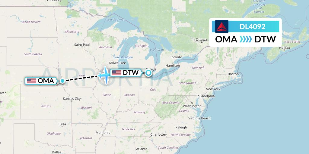 DL4092 Delta Air Lines Flight Map: Omaha to Detroit